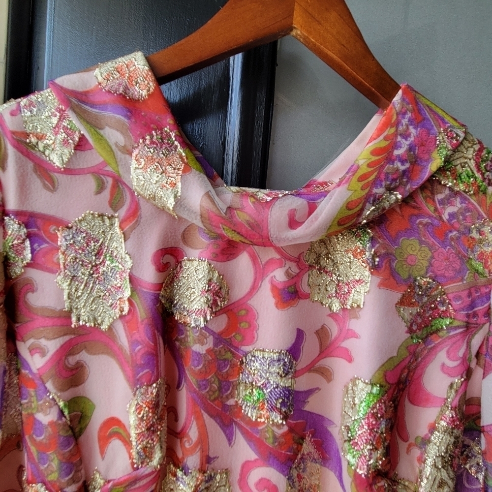 Vintage Handmade Custome Japanese Asian Pink Gold Flowering Long Dress Pink Bow - Picture 14 of 15